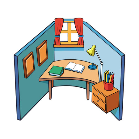 Stylized Illustration of Home Office Corner with Desk and Window, Cartoon Styleのイラスト素材