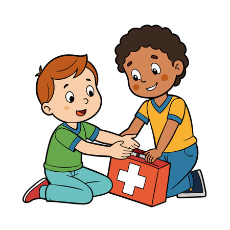Two young boys with first aid kit cartoon illustration on white backgroundのイラスト素材