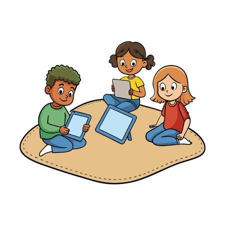 Illustrative depiction of children using tablets for educational activities indoorsのイラスト素材