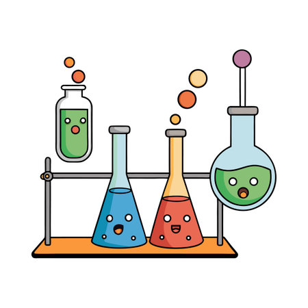 Cartoon laboratory glassware with liquid and cute faces against white backdrop, illustrationのイラスト素材
