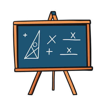 Illustrated school chalkboard with math symbols and geometric shapes on a wooden easelのイラスト素材