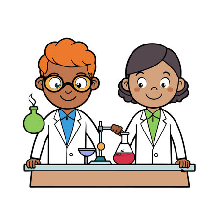 Two cartoon scientists conducting an experiment with flasks and laboratory equipmentのイラスト素材