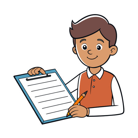 Cartoon person holding clipboard and pencil filling out form or surveyのイラスト素材