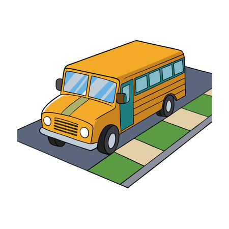 Cartoon yellow school bus on a road, flat design with bold outlines