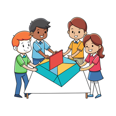 Children collaboratively solving a geometric puzzle on a white table, cartoon styleのイラスト素材