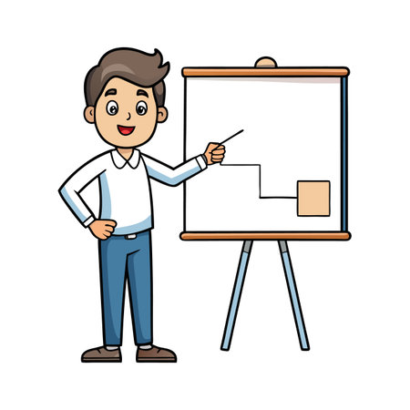 Cartoon businessman pointing to graph on presentation board in a flat style.のイラスト素材