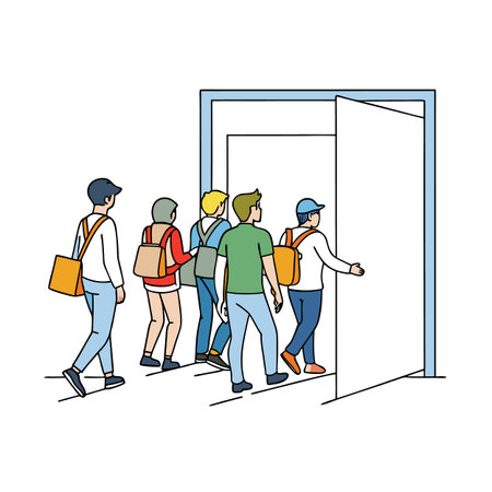Group of people walking through a door, cartoon style vector illustrationのイラスト素材