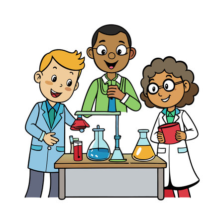 Cartoon illustration depicting diverse students conducting science experiments with beakers and test tubesのイラスト素材
