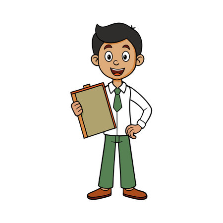 Cartoon style businessman holding clipboard poses confidently on white backgroundのイラスト素材