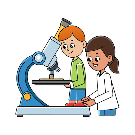 Children exploring science with a microscope in a bright cartoon illustrationのイラスト素材