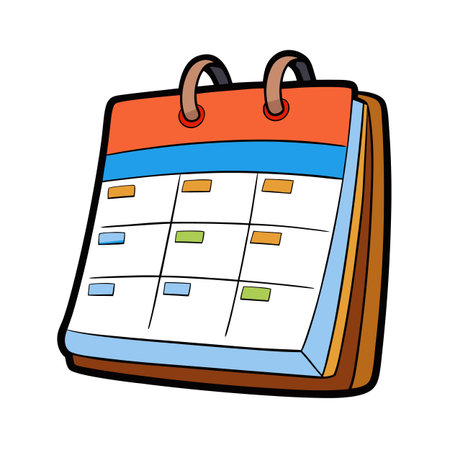 Cartoon calendar illustration with orange top and colorful marked datesのイラスト素材