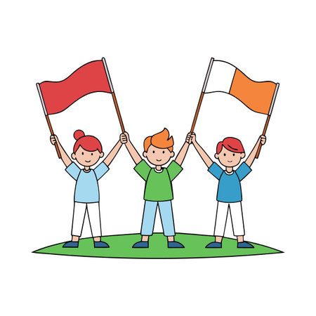 Cartoon illustration of three children holding flags on green grassのイラスト素材