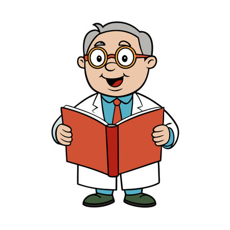 Cartoon scientist reading book, character design element for educational or scientific projectsのイラスト素材