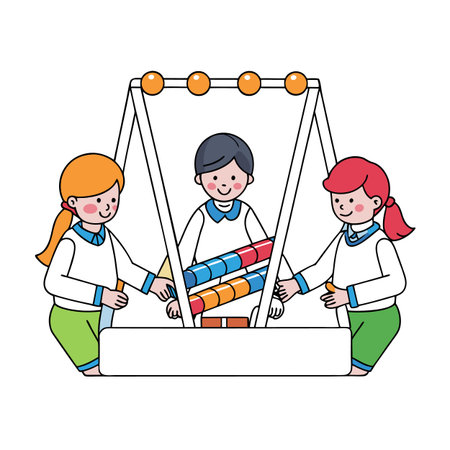 Three cartoon kids playing with a colorful wooden abacus style educational toyのイラスト素材