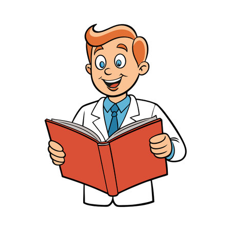 Cartoon scientist reading book in lab coat stock image on white backgroundのイラスト素材