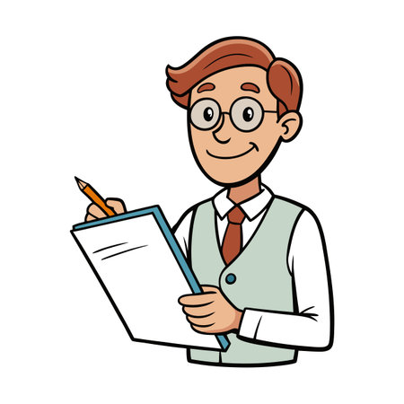 Cartoon man in vest writing on a clipboard with a pencilのイラスト素材