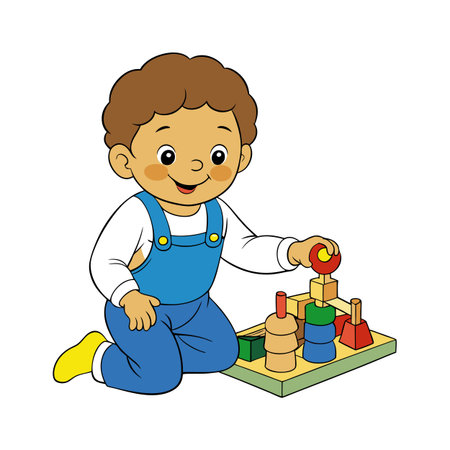 Cartoon boy playing with colorful wooden building blocks on a platformのイラスト素材