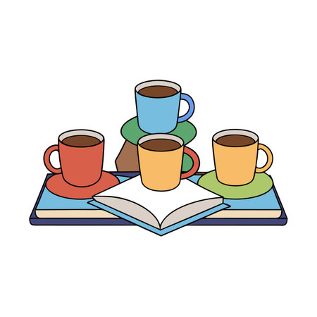 Cartoon style illustration of open book with coffee cups in cheerful colorsのイラスト素材