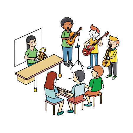Illustration of children participating in a music class with various instrumentsのイラスト素材
