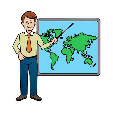 Cartoon teacher giving geography lesson using world map on whiteboard illustrationのイラスト素材