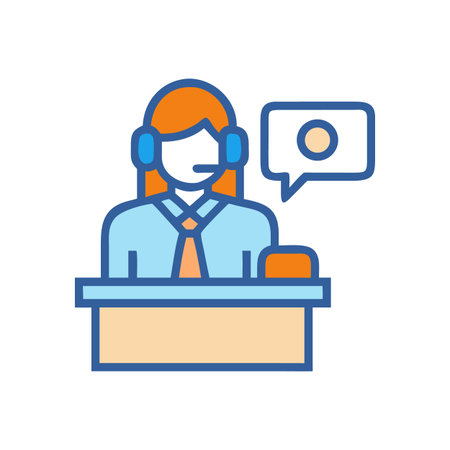 Customer service representative wearing headset behind a desk iconのイラスト素材