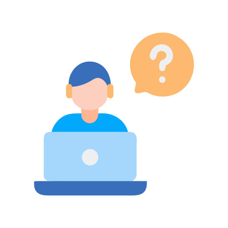 Man using laptop with question mark graphic on blackのイラスト素材