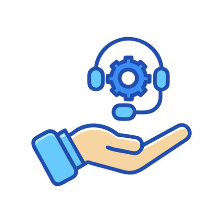 Hand holding headset with gear, customer support technology conceptのイラスト素材