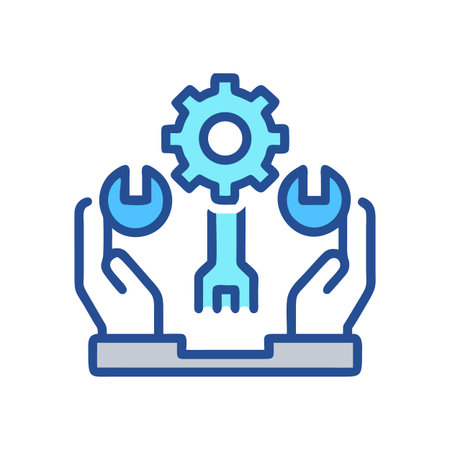 Hands holding gear and wrenches icons on black backgroundのイラスト素材