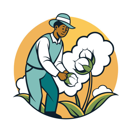 Cotton Harvest: Farmer Gathering Cotton Plant in Fieldのイラスト素材
