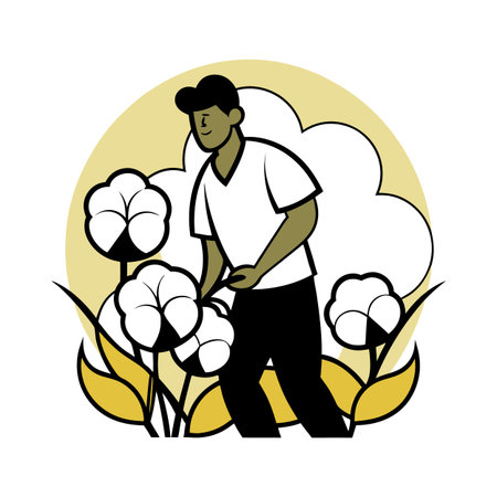 Cotton farmer in field harvest cartoon style vector imageのイラスト素材