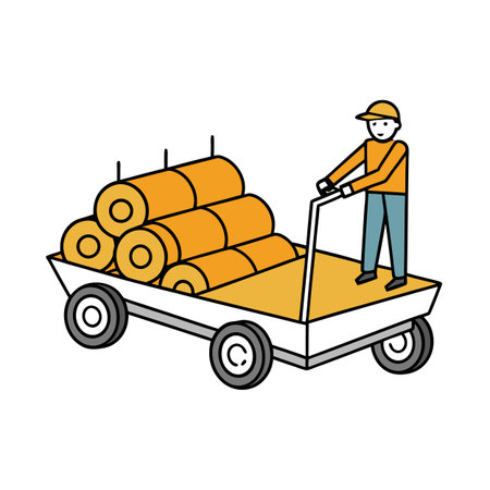 Cartoon worker transporting rolled goods on a flatbed cartのイラスト素材