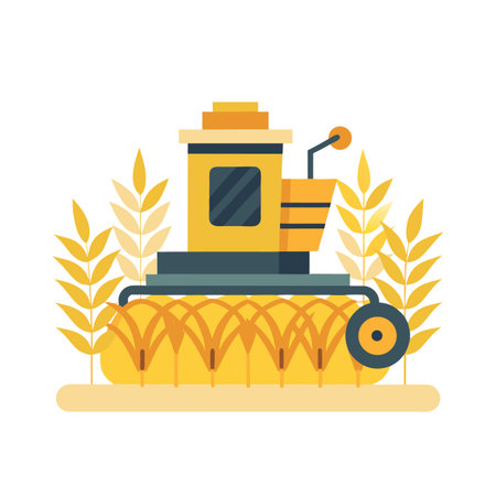 Flat Vector Combine Harvester Illustration with wheat field backgroundのイラスト素材