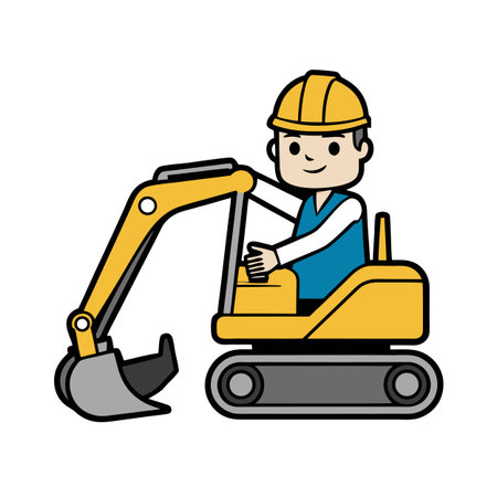 Cartoon construction worker operating a yellow excavator machineのイラスト素材