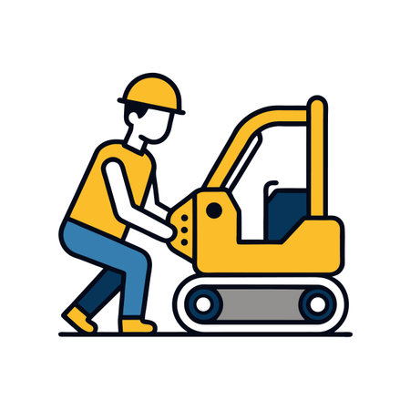 Construction worker operating yellow mini excavator on construction siteのイラスト素材