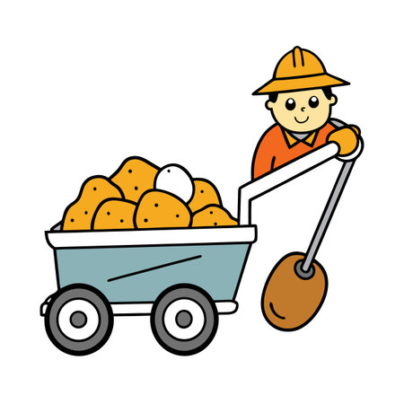 Cartoon construction worker hauling materials in a wheelbarrow illustrationのイラスト素材