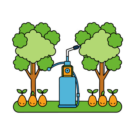 Stylized organic orchard irrigation with trees and plant growthのイラスト素材