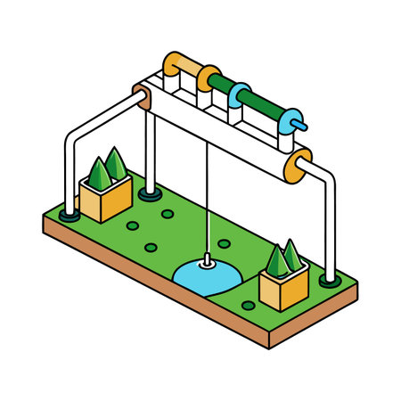Isometric well design on grass land with pondのイラスト素材