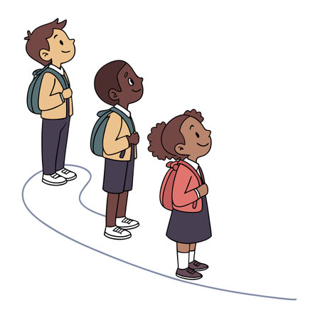 Illustration of three children with backpacks looking up in a lineのイラスト素材