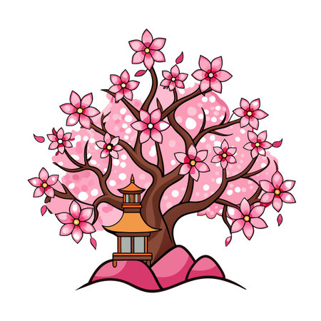 Cherry blossom tree with pagoda, vector illustration, spring season and oriental cultureのイラスト素材
