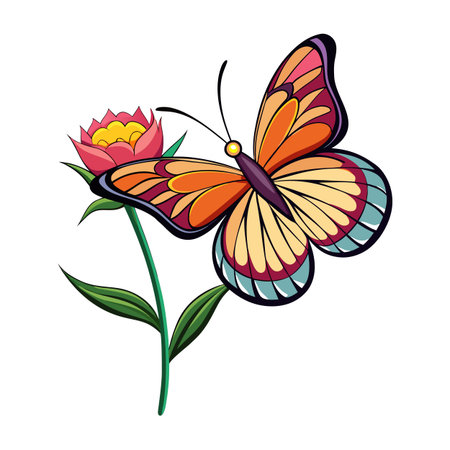 Stylized Butterfly on Flower with Bold Outline and Warm Color Paletteのイラスト素材
