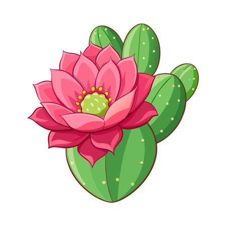 Stylized cartoon illustration of a pink cactus flower blooming on a green cactusのイラスト素材
