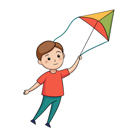 Cartoon boy flying a colorful kite on a bright, clear day outdoorsのイラスト素材