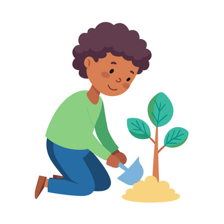 Cartoon style illustration of a boy planting a sapling in the soilのイラスト素材