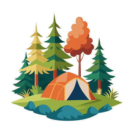 Camping tent amidst stylized trees and foliage in a vibrant nature settingのイラスト素材