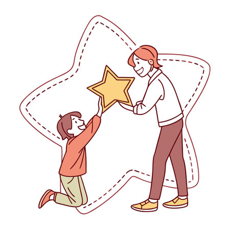 Father and son bonding sharing golden star in playful cute hand-drawn styleのイラスト素材