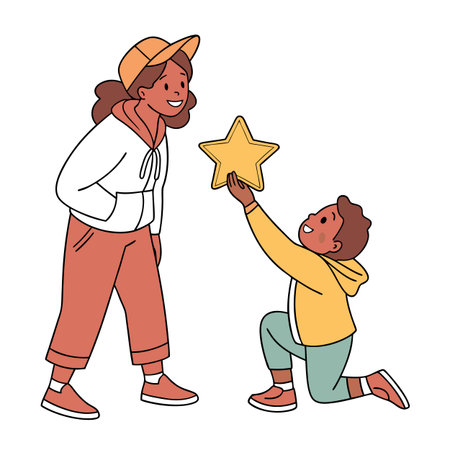 Kid presenting a star to a young woman in a happy, playful sceneのイラスト素材
