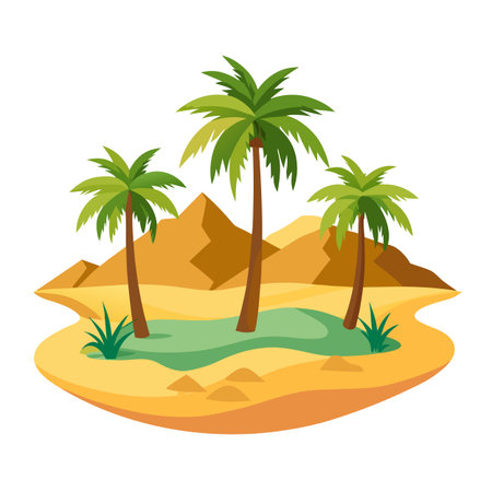 Stylized desert oasis scene with palm trees and sand dunes illustrationのイラスト素材