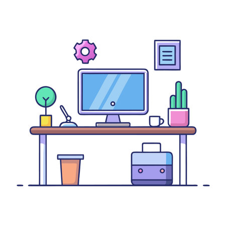 Cartoon illustration of a home office desk setup with computer and plantsのイラスト素材