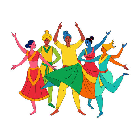 Vibrant illustration of diverse people dancing in colorful traditional clothing, celebratory moodのイラスト素材