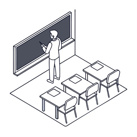 Minimalist Classroom Scene: Teacher at Blackboard, Isometric View of School Desksのイラスト素材
